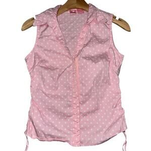 Andrew & Co Women’s Size M Pink White Polka Dot Sleeveless Ruched Side Shirt Top